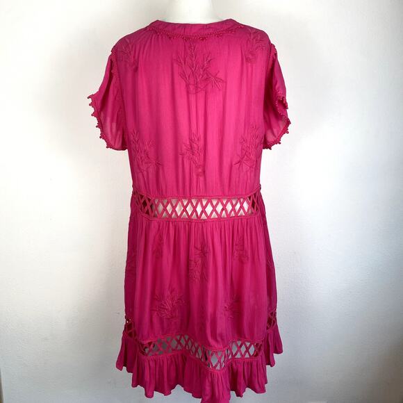 Free People Hot Pink Lattice Cutout Floral Embroidered Tunic Marissa FP Dress - Picture 5 of 7